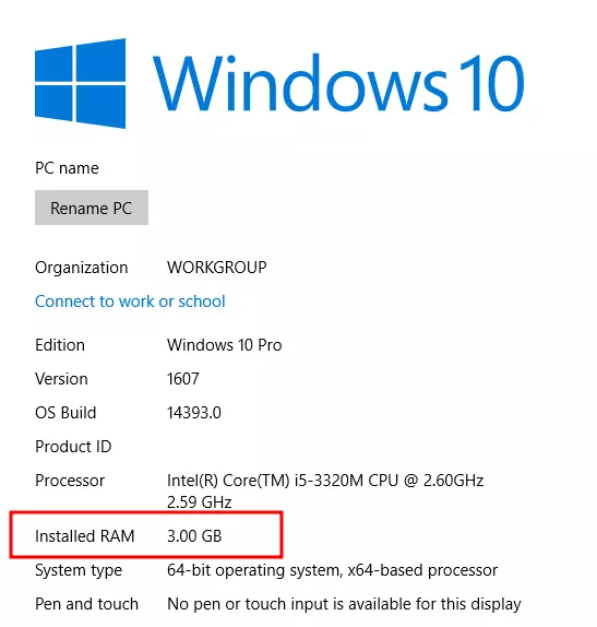 informasi ram laptop di menu about windows 10