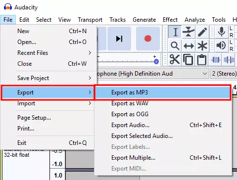 menu export untuk menyimpan hasil rekaman