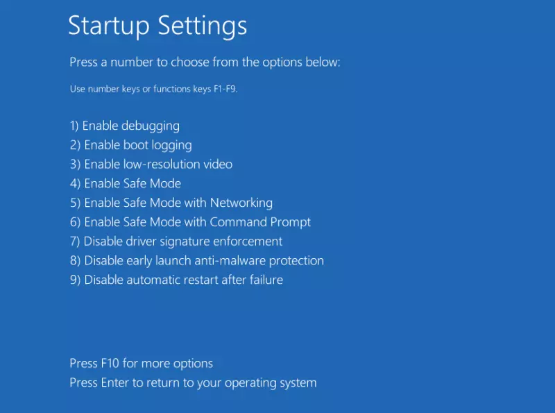 daftar menu safe mode pada startup settings windows 10