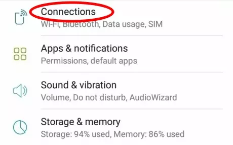 menu connections di android