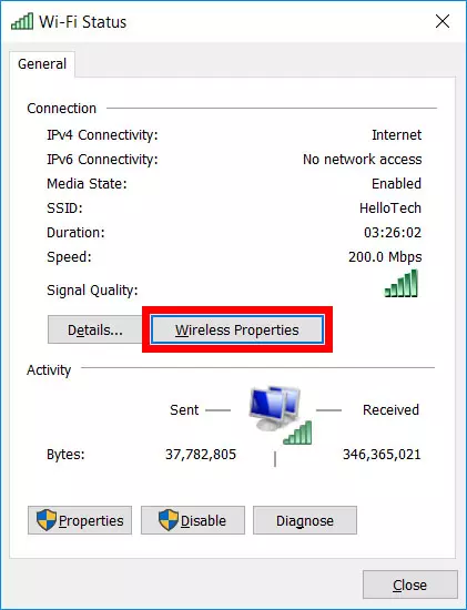 tombol wireless properties untuk melihat password wifi