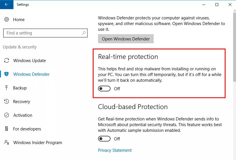 menu real time protection untuk mematikan windows defender