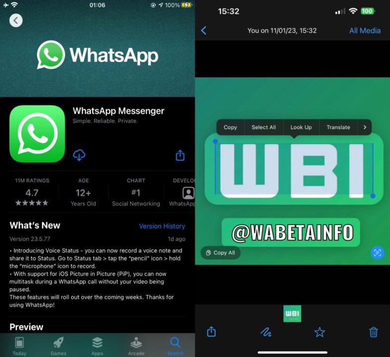 tampilan pendeteksi teks di whatsapp ios